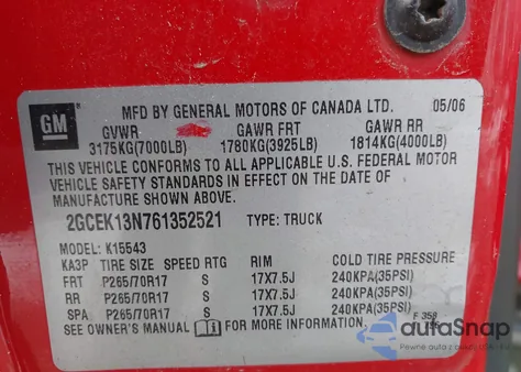 2006 Chevrolet Silverado 1500 Lt3 из США, поврежденный, VIN 2GCEK13N761352521